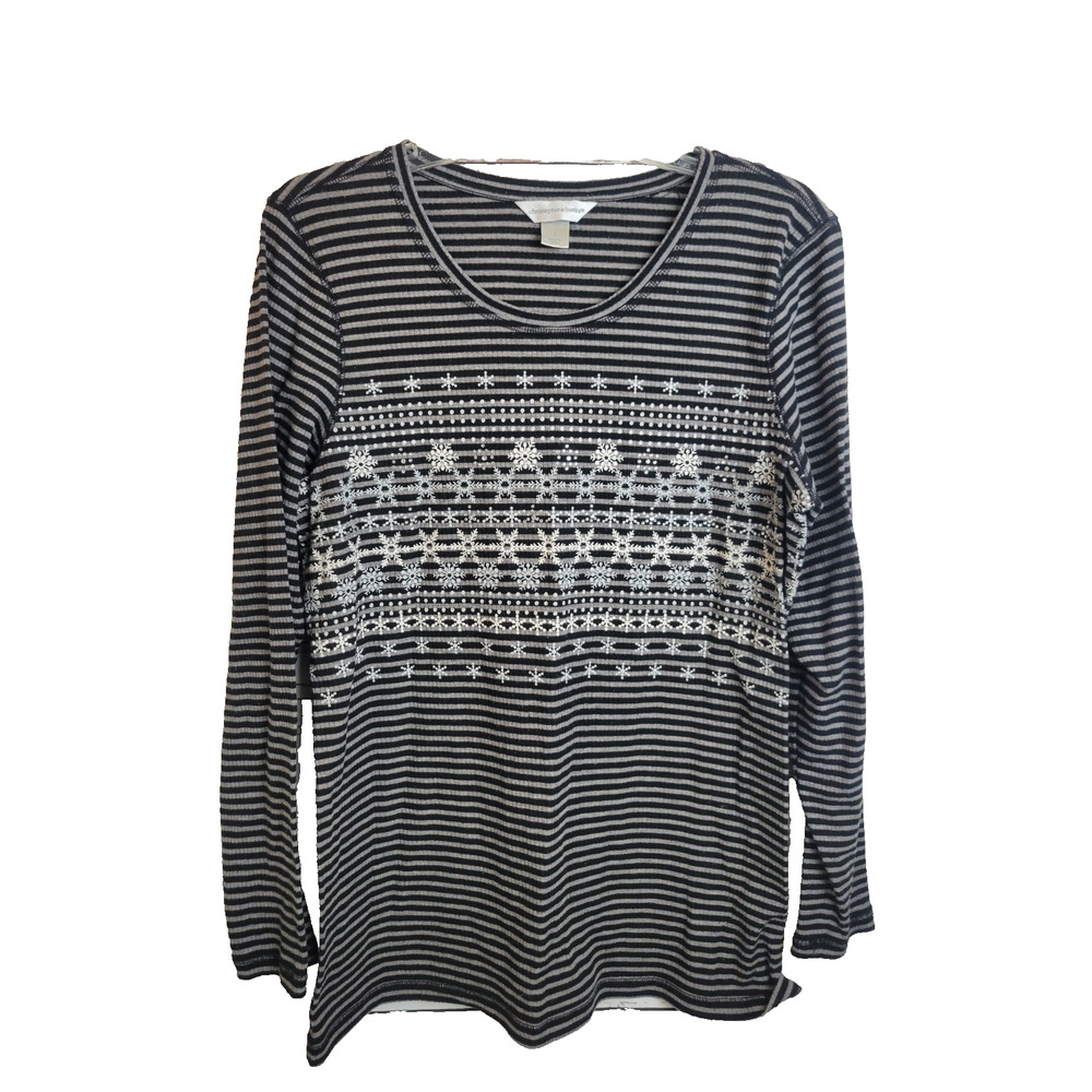 Christopher & Banks Black Striped Snowflake Jewel Sparkle Top Women's Size Large